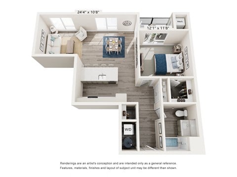 Floor plan for 1 bed, 1 bath, 843 sqft